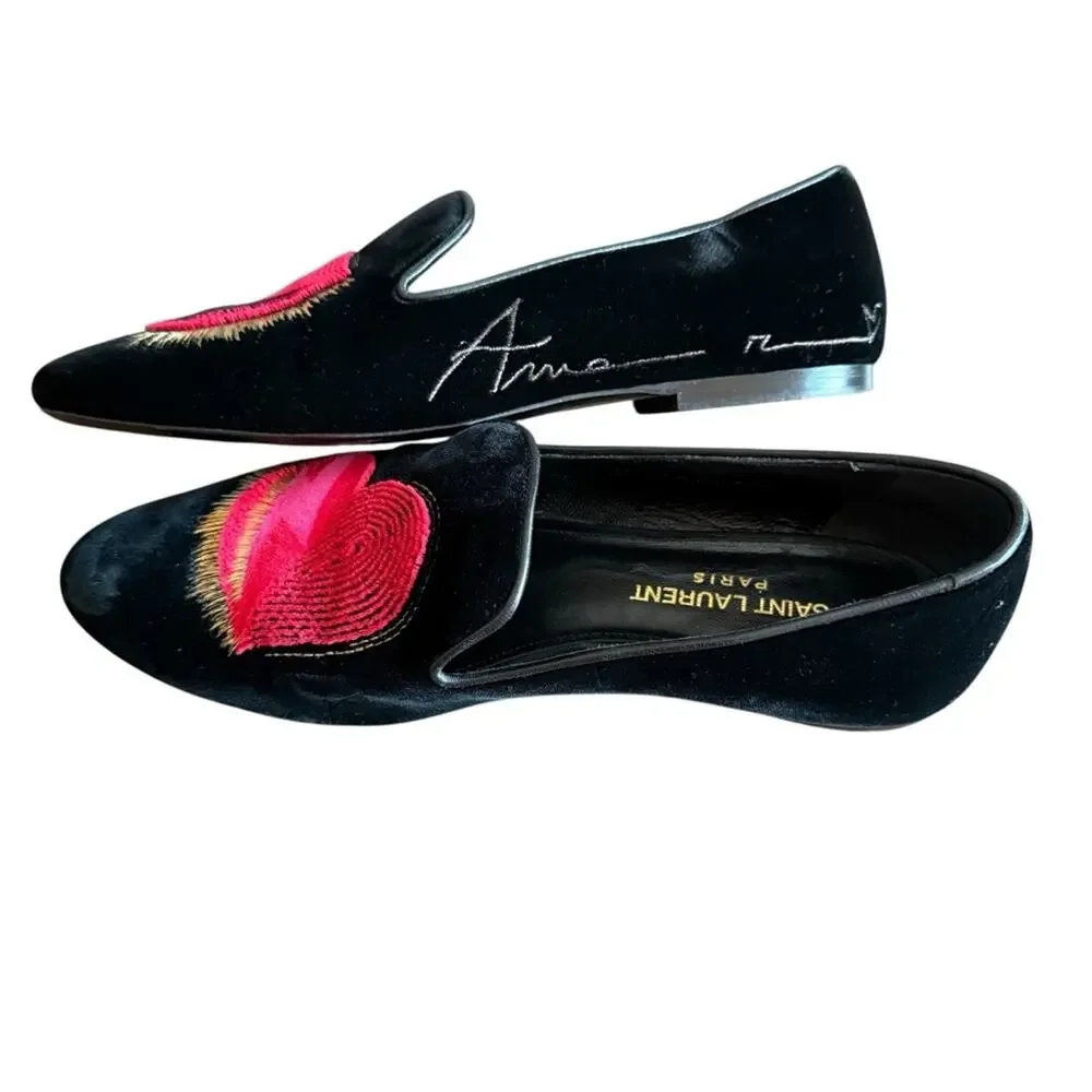 Saint Laurent Heart Amore Love Velvet Leather Flat Shoes Loafers EU 38.5 US 8.5